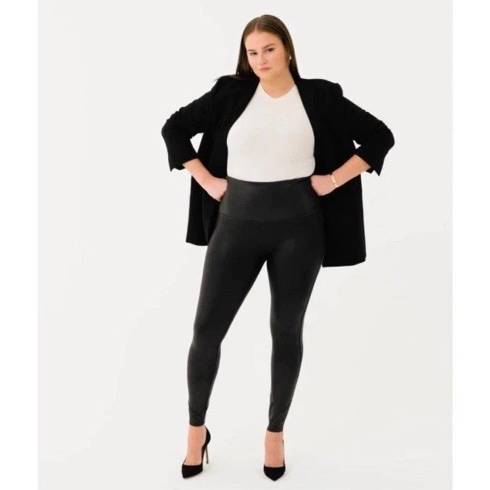 New Spanx Women's Black Faux Leather Shimmer Pull On Leggings Size 3xl Tall